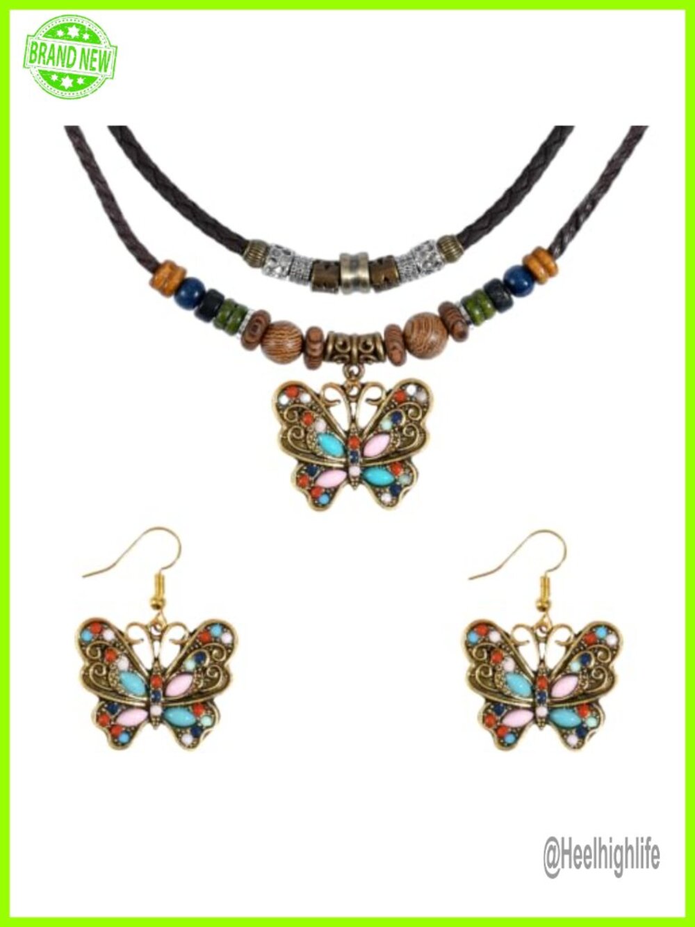 Boho Butterfly Necklace Earrings Set Women Layered Leather Choker Dangle